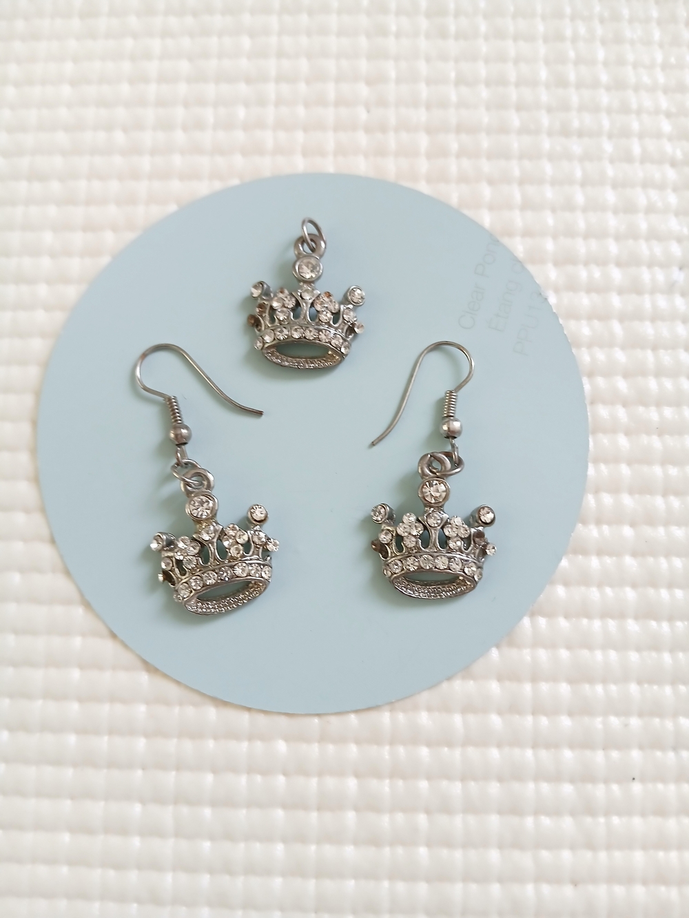 Vintage Crown earrings/ pendant set(3), solver tone, rhinestones, mint, rare